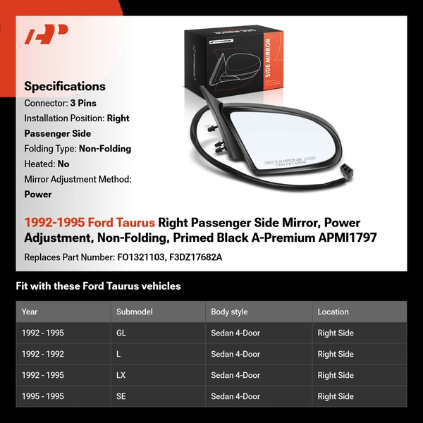 1992-1995 Ford Taurus Right Passenger Side Mirror, Power Adjustment, Non-Folding, Primed Black A-Premium APMI1797