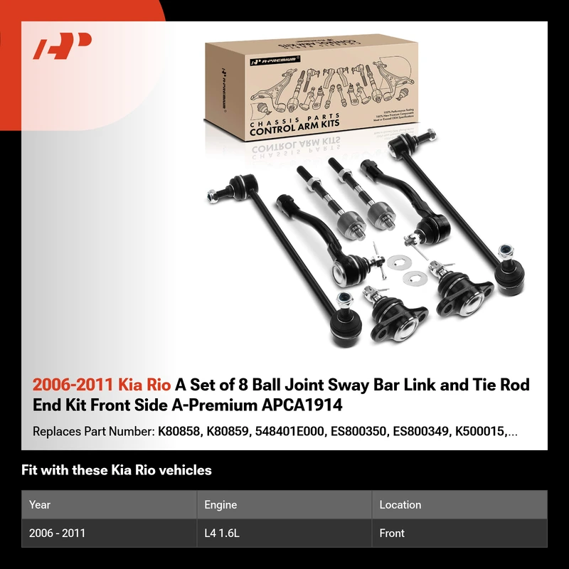 2006-2011 Kia Rio A Set of 8 Ball Joint Sway Bar Link and Tie Rod End Kit Front Side A-Premium APCA1914