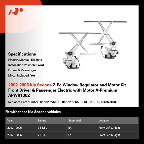 2002-2005 Kia Sedona 2-Pc Window Regulator and Motor Kit Front Driver & Passenger Electric with Motor A-Premium APWR1302