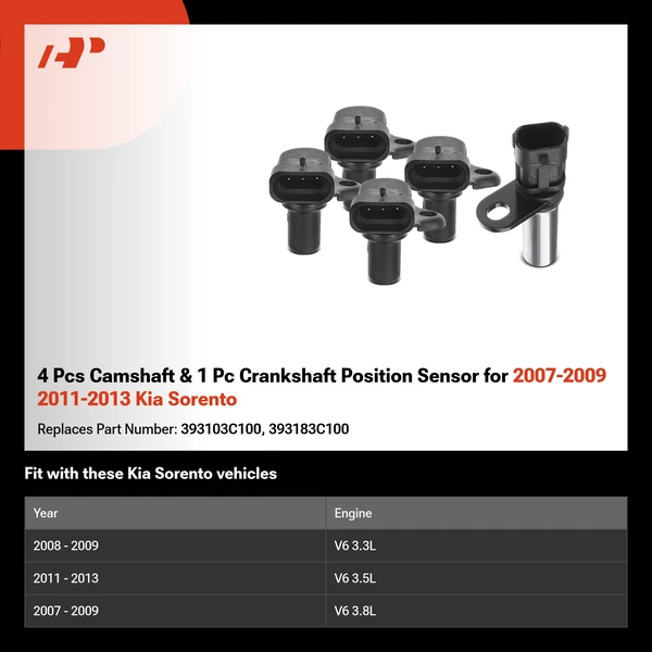 4 Pcs Camshaft & 1 Pc Crankshaft Position Sensor for 2007-2009 2011-2013 Kia Sorento