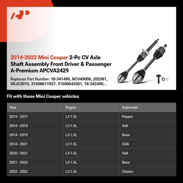 2014-2022 Mini Cooper 2-Pc CV Axle Shaft Assembly Front Driver & Passenger A-Premium APCVA2429
