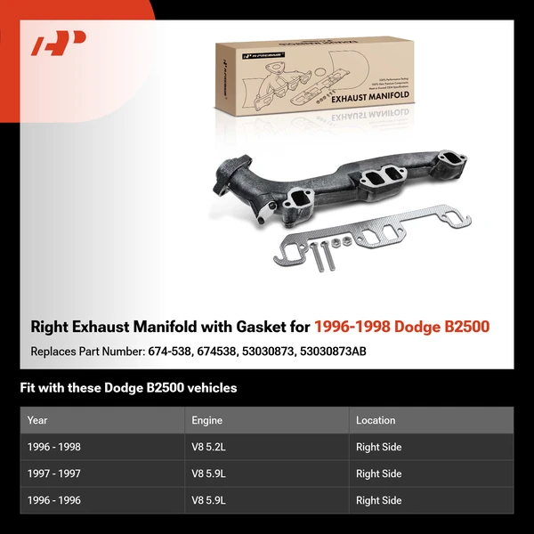 Right Exhaust Manifold with Gasket for 1996-1998 Dodge B2500