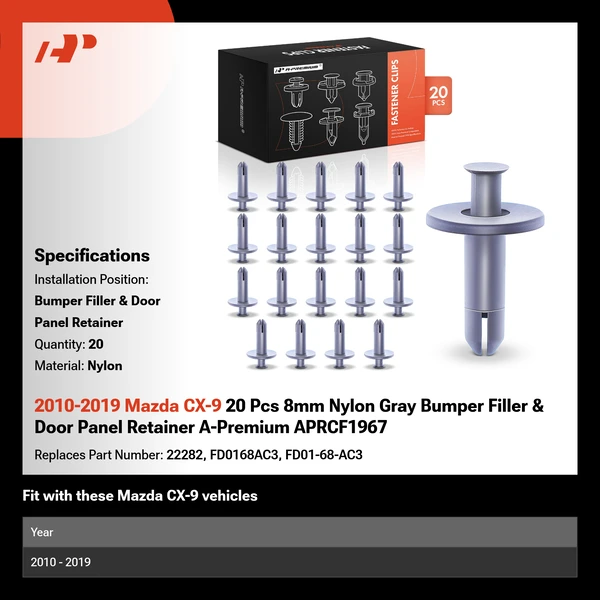 2010-2019 Mazda CX-9 20 Pcs 8mm Nylon Gray Bumper Filler & Door Panel Retainer A-Premium APRCF1967