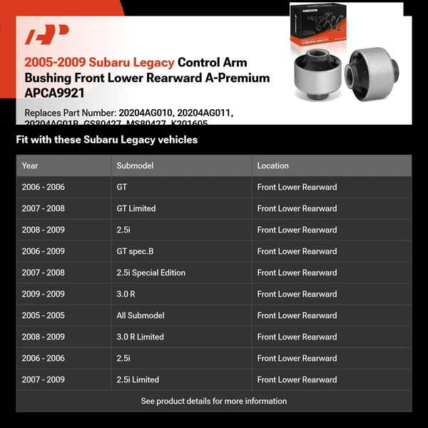 2005-2009 Subaru Legacy Control Arm Bushing Front Lower Rearward A-Premium APCA9921