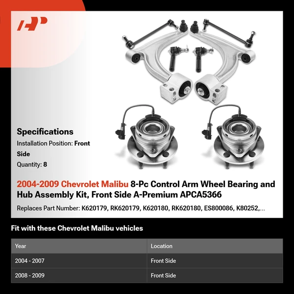 2004-2009 Chevrolet Malibu 8-Pc Control Arm Wheel Bearing and Hub Assembly Kit, Front Side A-Premium APCA5366