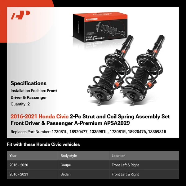 2016-2021 Honda Civic 2-Pc Strut and Coil Spring Assembly Set Front Driver & Passenger A-Premium APSA2029
