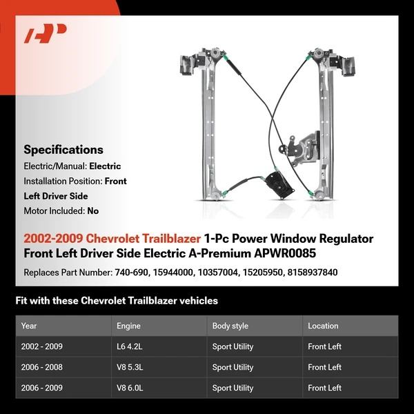 2002-2009 Chevrolet Trailblazer 1-Pc Power Window Regulator Front Left Driver Side Electric A-Premium APWR0085