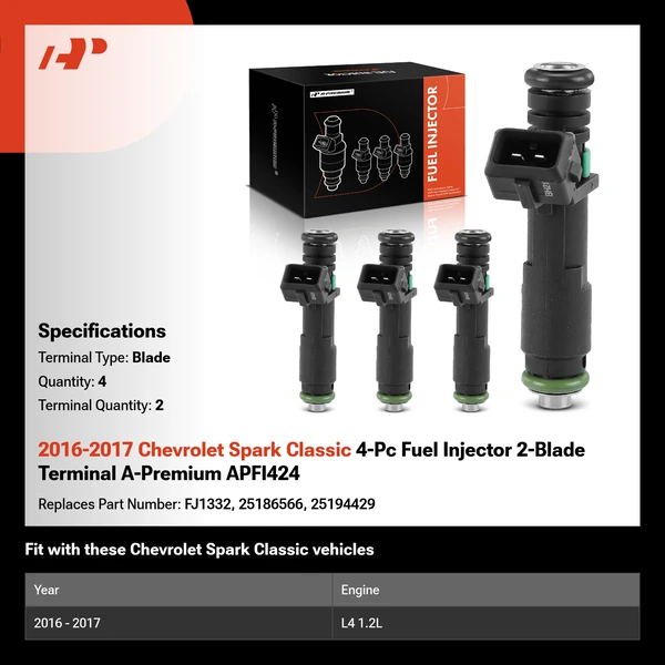 2016-2017 Chevrolet Spark Classic 4-Pc Fuel Injector 2-Blade Terminal A-Premium APFI424