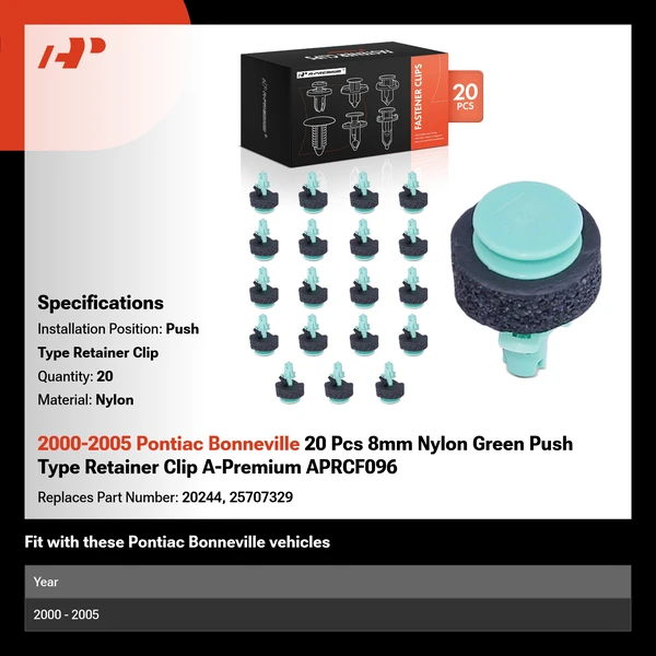 2000-2005 Pontiac Bonneville 20 Pcs 8mm Nylon Green Push Type Retainer Clip A-Premium APRCF096