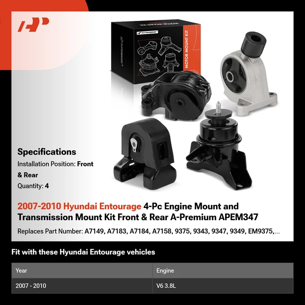 2007-2010 Hyundai Entourage 4-Pc Engine Mount and Transmission Mount Kit Front & Rear A-Premium APEM347