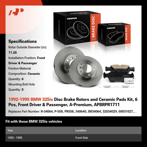 1992-1995 BMW 325is Disc Brake Rotors and Ceramic Pads Kit, 6 Pcs, Front Driver & Passenger, A-Premium, APBRPR1711