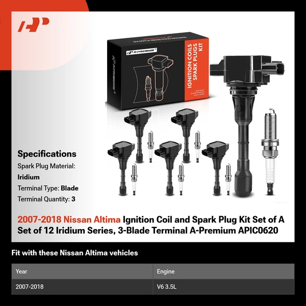2007-2018 Nissan Altima Ignition Coil and Spark Plug Kit Set of A Set of 12 Iridium Series, 3-Blade Terminal A-Premium APIC0620