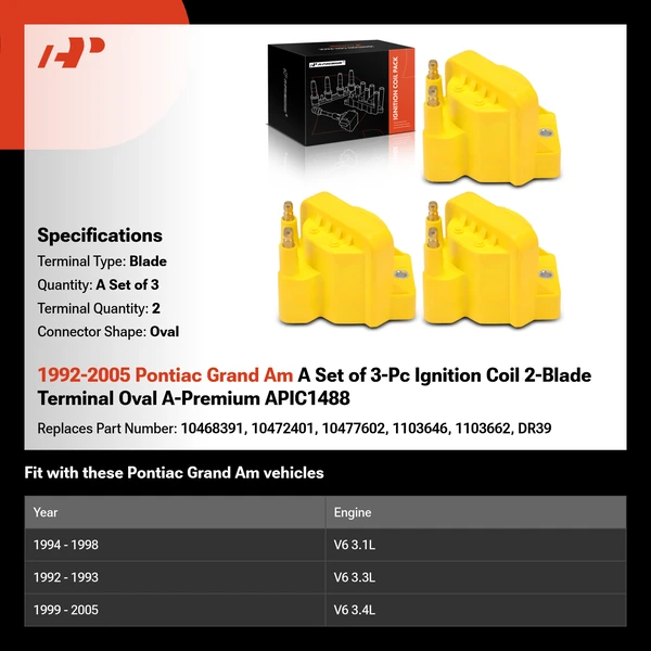 1992-2005 Pontiac Grand Am A Set of 3-Pc Ignition Coil 2-Blade Terminal Oval A-Premium APIC1488