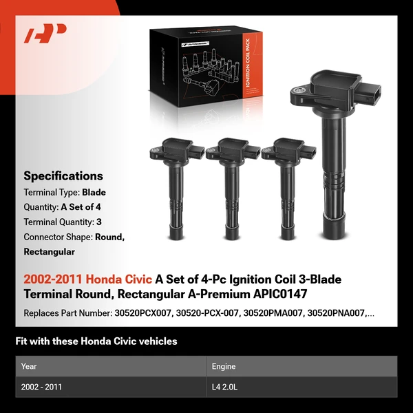 2002-2011 Honda Civic A Set of 4-Pc Ignition Coil 3-Blade Terminal Round, Rectangular A-Premium APIC0147