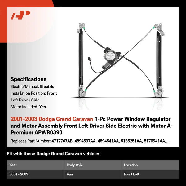 2001-2003 Dodge Grand Caravan 1-Pc Power Window Regulator and Motor Assembly Front Left Driver Side Electric with Motor A-Premium APWR0390