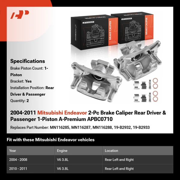 2004-2011 Mitsubishi Endeavor 2-Pc Brake Caliper Rear Driver & Passenger 1-Piston A-Premium APBC0710