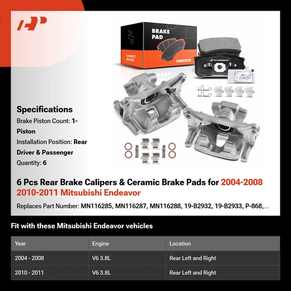 6 Pcs Rear Brake Calipers & Ceramic Brake Pads for 2004-2008 2010-2011 Mitsubishi Endeavor