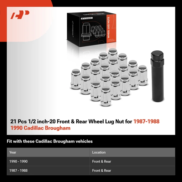 21 Pcs 1/2 inch-20 Front & Rear Wheel Lug Nut for 1987-1988 1990 Cadillac Brougham
