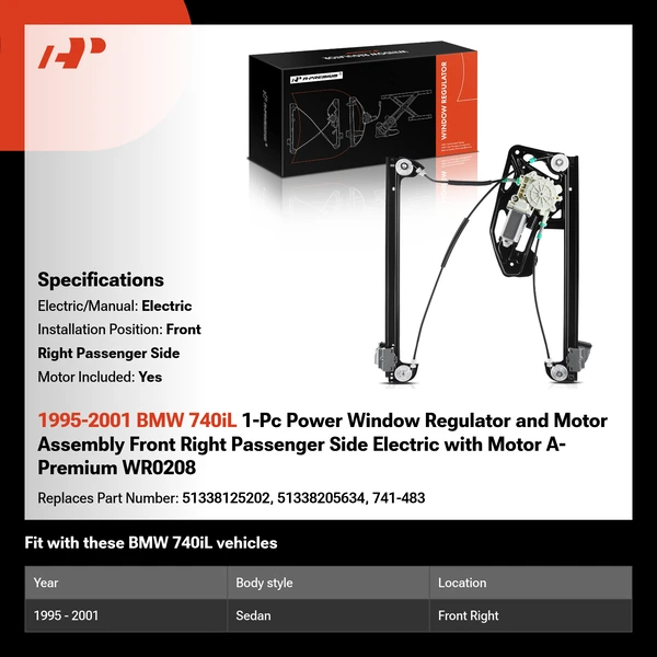 1995-2001 BMW 740iL 1-Pc Power Window Regulator and Motor Assembly Front Right Passenger Side Electric with Motor A-Premium WR0208
