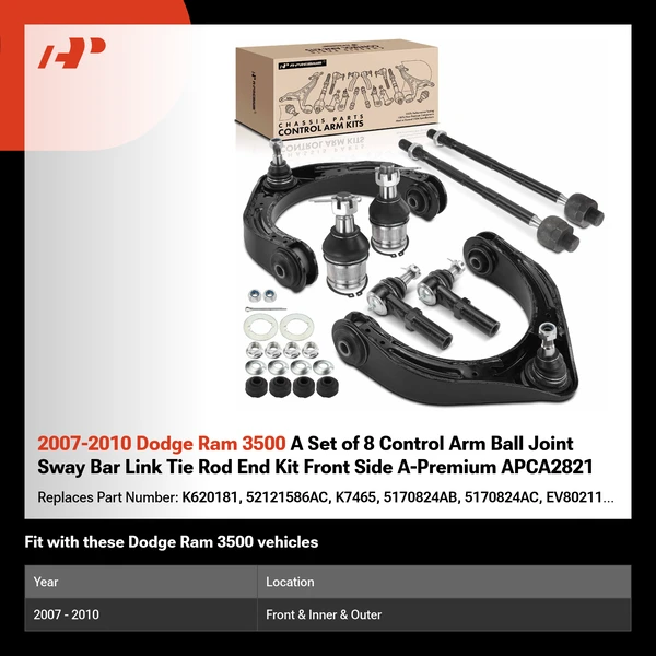 2007-2010 Dodge Ram 3500 A Set of 8 Control Arm Ball Joint Sway Bar Link Tie Rod End Kit Front Side A-Premium APCA2821