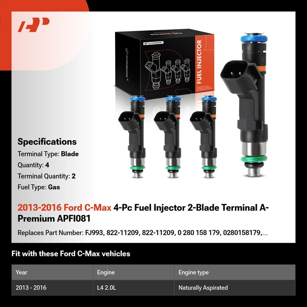 2013-2016 Ford C-Max 4-Pc Fuel Injector 2-Blade Terminal A-Premium APFI081