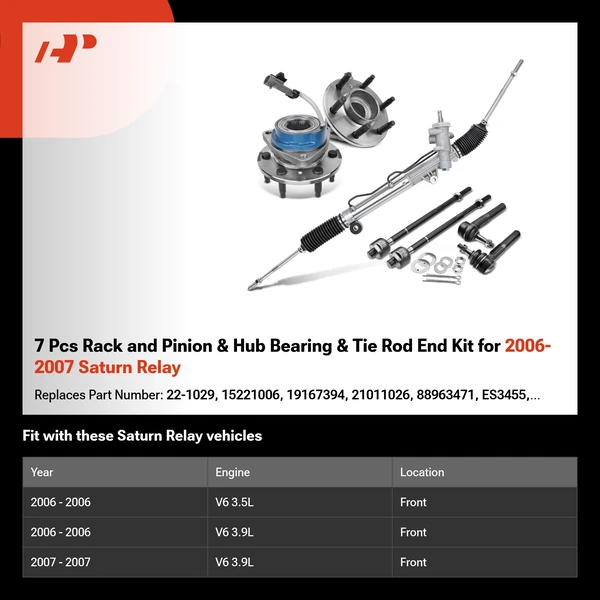 7 Pcs Rack and Pinion & Hub Bearing & Tie Rod End Kit for 2006-2007 Saturn Relay
