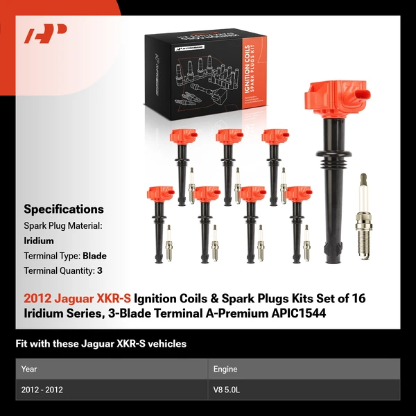 2012 Jaguar XKR-S Ignition Coils & Spark Plugs Kits Set of 16 Iridium Series, 3-Blade Terminal A-Premium APIC1544