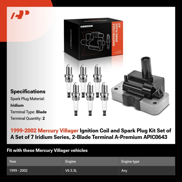 1999-2002 Mercury Villager Ignition Coil and Spark Plug Kit Set of A Set of 7 Iridium Series, 2-Blade Terminal A-Premium APIC0643