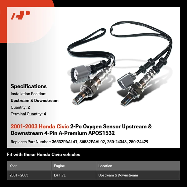 2001-2003 Honda Civic 2-Pc Oxygen Sensor Upstream & Downstream 4-Pin A-Premium APOS1532