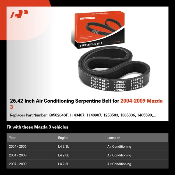 26.42 Inch Air Conditioning Serpentine Belt for 2004-2009 Mazda 3