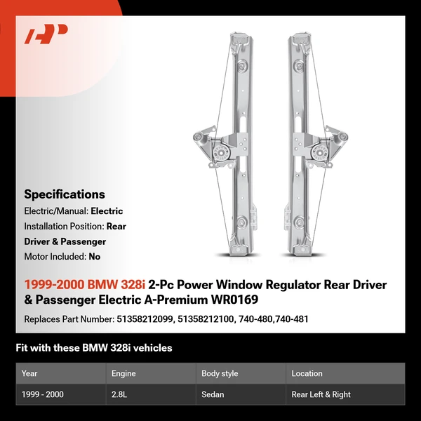 1999-2000 BMW 328i 2-Pc Power Window Regulator Rear Driver & Passenger Electric A-Premium WR0169