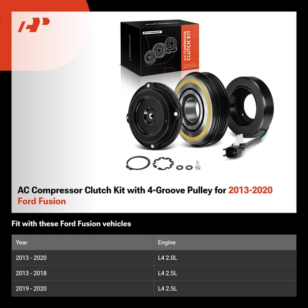 AC Compressor Clutch Kit with 4-Groove Pulley for 2013-2020 Ford Fusion