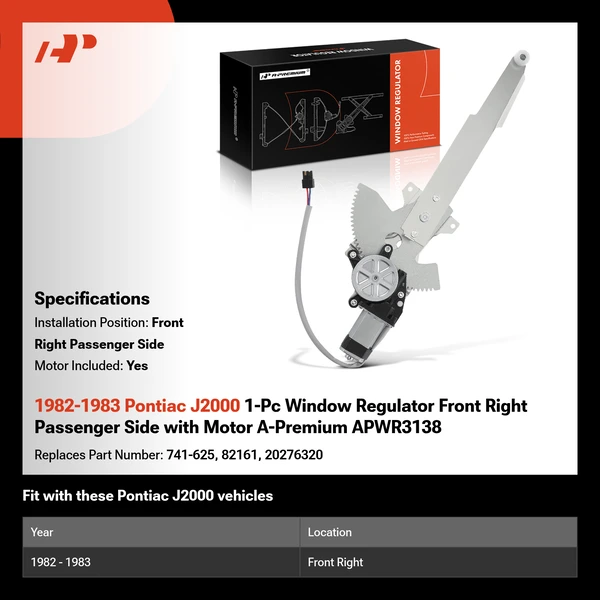 1982-1983 Pontiac J2000 1-Pc Window Regulator Front Right Passenger Side with Motor A-Premium APWR3138