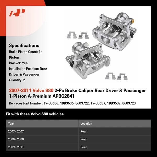 2007-2011 Volvo S80 2-Pc Brake Caliper Rear Driver & Passenger 1-Piston A-Premium APBC2841