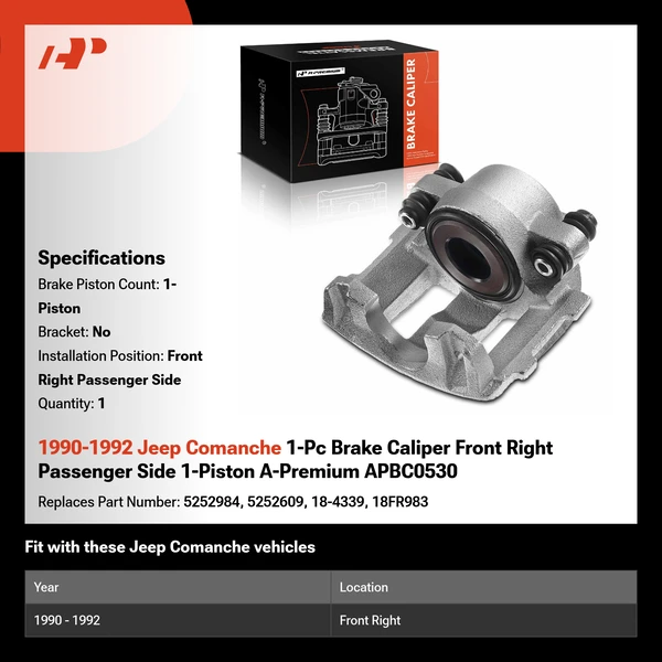 1990-1992 Jeep Comanche 1-Pc Brake Caliper Front Right Passenger Side 1-Piston A-Premium APBC0530