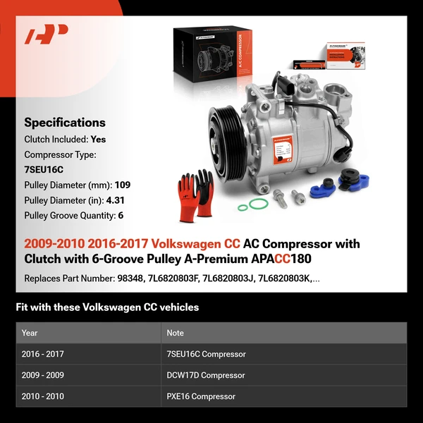 2009-2010 2016-2017 Volkswagen CC AC Compressor with Clutch with 6-Groove Pulley A-Premium APACC180