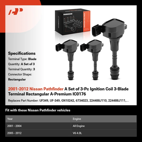2001-2012 Nissan Pathfinder A Set of 3-Pc Ignition Coil 3-Blade Terminal Rectangular A-Premium IC0176