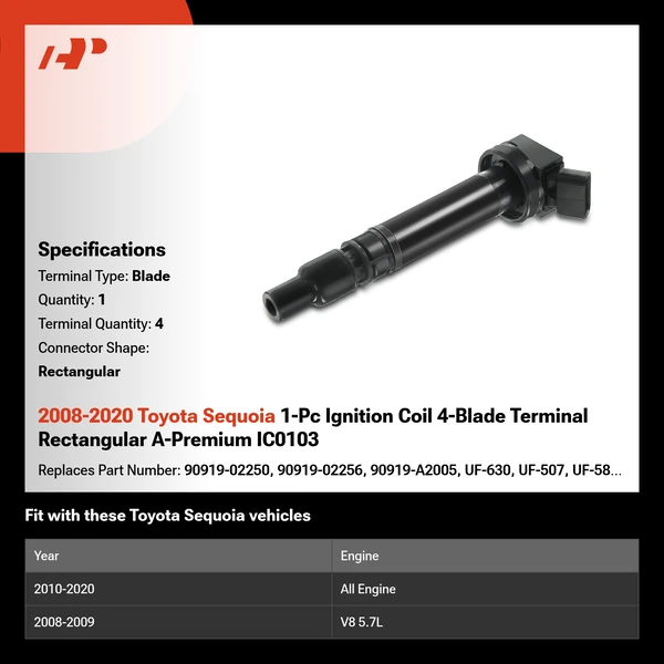 2008-2020 Toyota Sequoia 1-Pc Ignition Coil 4-Blade Terminal Rectangular A-Premium IC0103