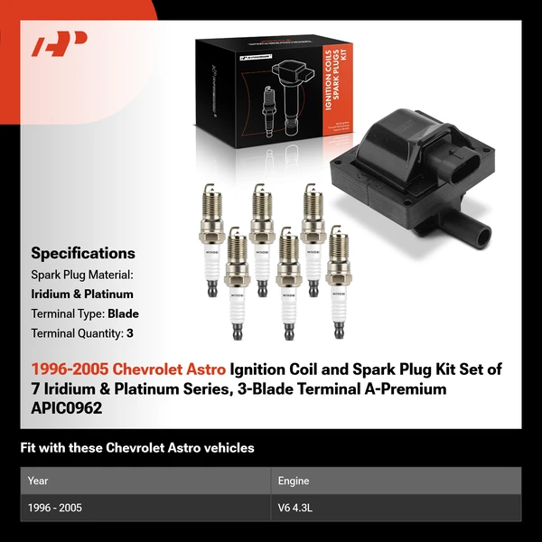 1996-2005 Chevrolet Astro Ignition Coil and Spark Plug Kit Set of 7 Iridium & Platinum Series, 3-Blade Terminal A-Premium APIC0962