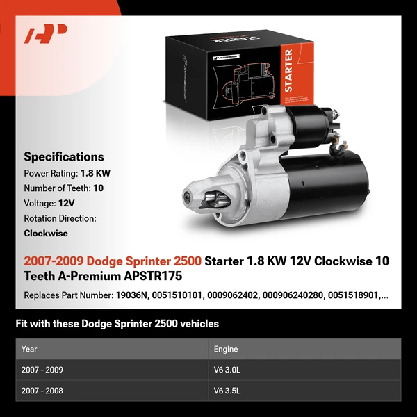 2007-2009 Dodge Sprinter 2500 Starter 1.8 KW 12V Clockwise 10 Teeth A-Premium APSTR175