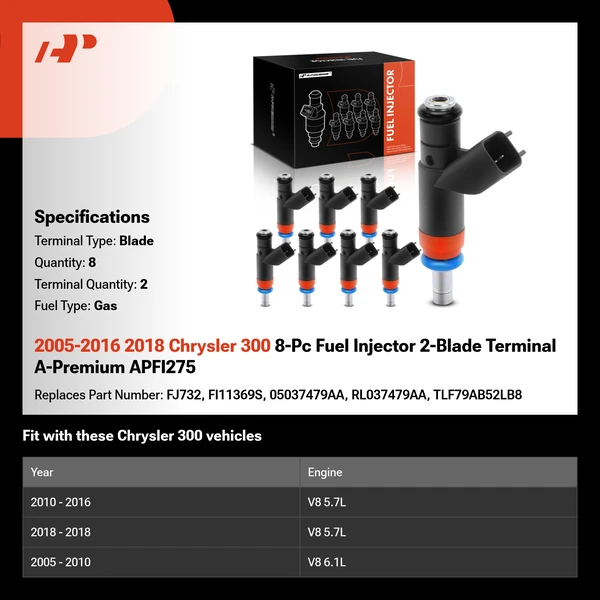 2005-2016 2018 Chrysler 300 8-Pc Fuel Injector 2-Blade Terminal A-Premium APFI275