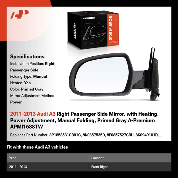 2011-2013 Audi A3 Right Passenger Side Mirror, with Heating, Power Adjustment, Manual Folding, Primed Gray A-Premium APMI1638TW
