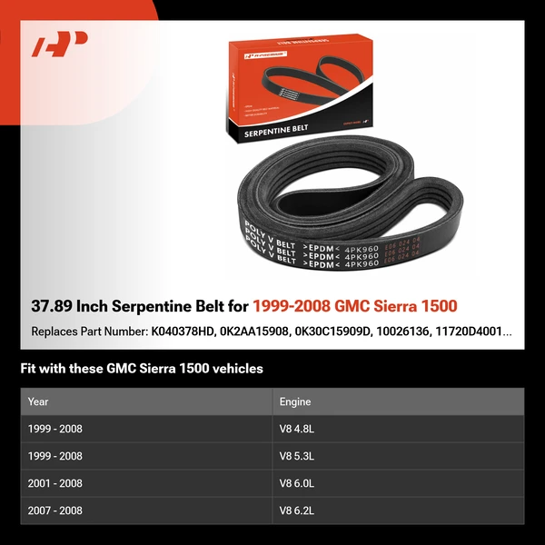 37.89 Inch Serpentine Belt for 1999-2008 GMC Sierra 1500