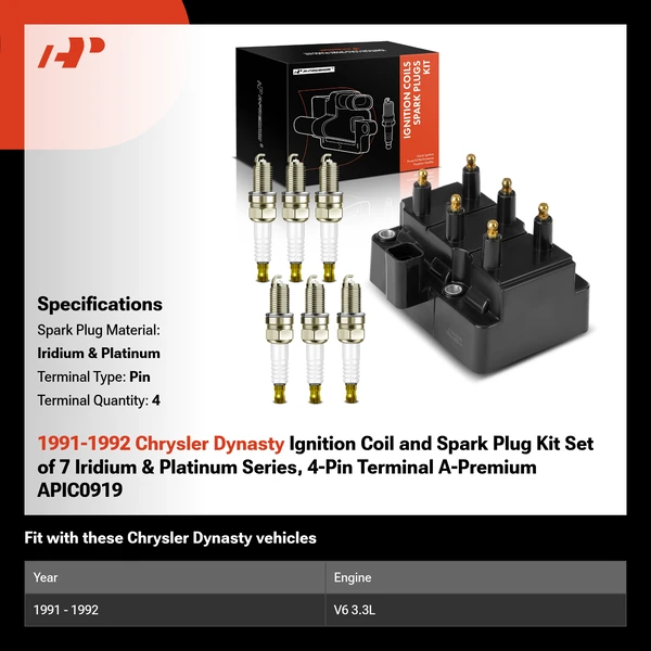 1991-1992 Chrysler Dynasty Ignition Coil and Spark Plug Kit Set of 7 Iridium & Platinum Series, 4-Pin Terminal A-Premium APIC0919