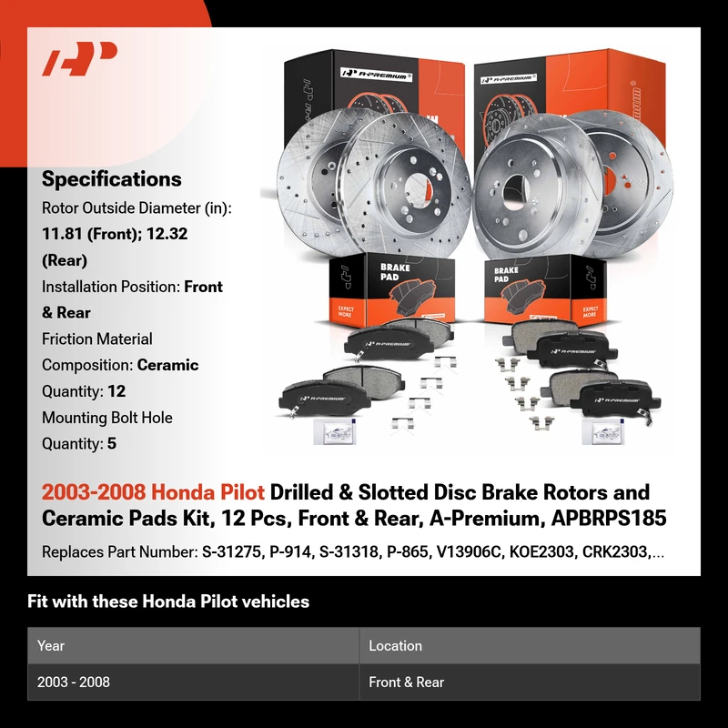 2003-2008 Honda Pilot Drilled & Slotted Disc Brake Rotors and Ceramic Pads Kit, 12 Pcs, Front & Rear, A-Premium, APBRPS185