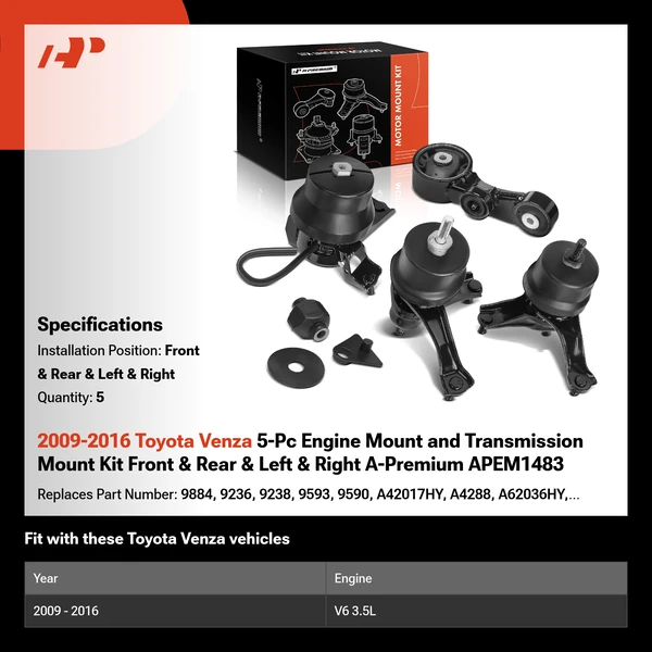 2009-2016 Toyota Venza 5-Pc Engine Mount and Transmission Mount Kit Front & Rear & Left & Right A-Premium APEM1483