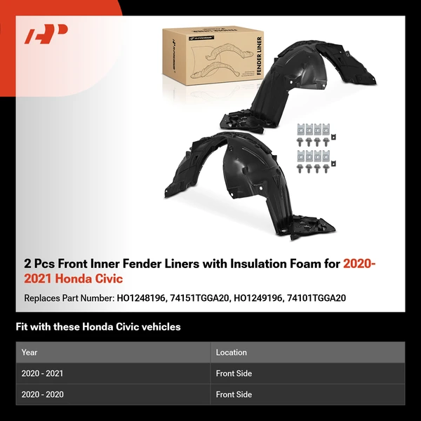 2 Pcs Front Inner Fender Liners with Insulation Foam for 2020-2021 Honda Civic