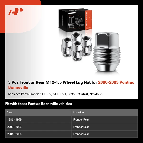 5 Pcs Front or Rear M12-1.5 Wheel Lug Nut for 2000-2005 Pontiac Bonneville