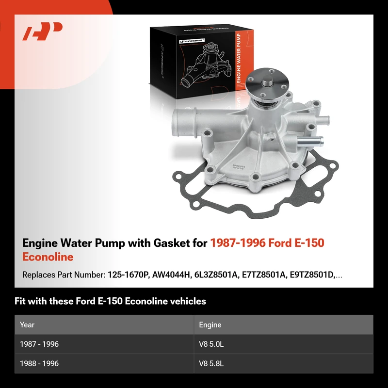 Engine Water Pump with Gasket for 1987-1996 Ford E-150 Econoline