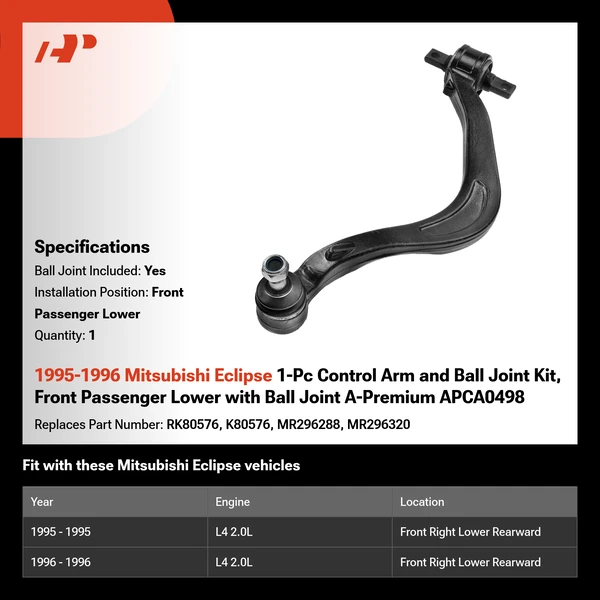1995-1996 Mitsubishi Eclipse 1-Pc Control Arm and Ball Joint Kit, Front Passenger Lower with Ball Joint A-Premium APCA0498